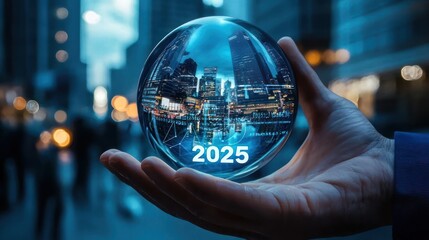 The 2025 New Year business goals concept. Businessman analyzes graph of trend market growth in 2025 and plans business growth and profit increases. calculates financial data for long-term investments.