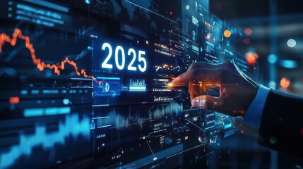 The 2025 New Year business goals concept. Businessman analyzes graph of trend market growth in 2025 and plans business growth and profit increases. calculates financial data for long-term investments.