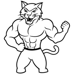 A ferocious cat athlete posing line art vector illustration