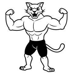 A ferocious cat athlete posing line art vector illustration