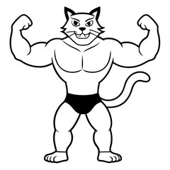 A ferocious cat athlete posing line art vector illustration