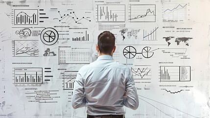Business plan illustration. Man with data board and infographics