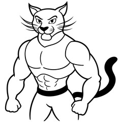 A ferocious cat athlete posing line art vector illustration