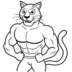 A ferocious cat athlete posing line art vector illustration