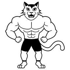 A ferocious cat athlete posing line art vector illustration