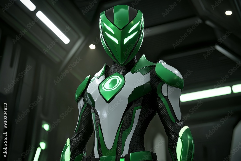 Poster armored humanoid robot in a sleek green suit representing the fusion of advanced technology and robo