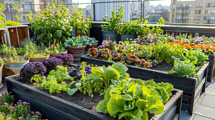 Urban rooftop garden with diverse vegetables and herbs sustainable urban farming green living community gardening fresh produce