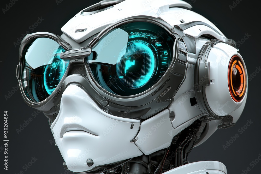 Poster futuristic humanoid robot with large reflective goggles illustrating the advanced integration of ai 