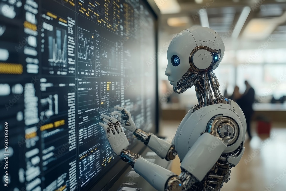 Poster robotic assistant in a corporate office managing complex data systems highlighting the role of ai in