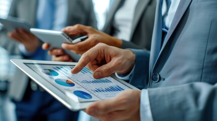 Professionals analyzing graphs on a tablet (focus on, interactive information, dynamic, Overlay, Corporate setting)