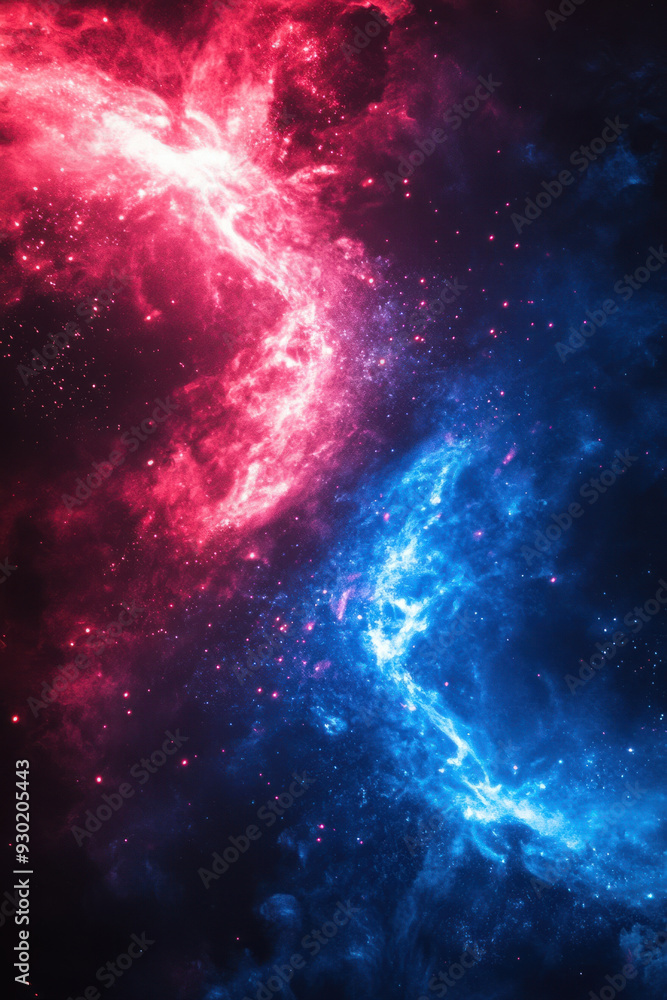 Poster versus background, dynamic collision of neon blue and red energy, creating a bright splash effect, s