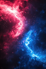 Versus background,  Dynamic collision of neon blue and red energy, creating a bright splash effect, surrounded by dark shadows, emphasizing the contrast and vibrancy of the colors