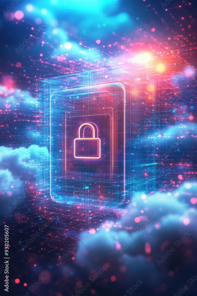 Poster cloud security measure, futuristic hologram of a lockpad icon displayed over a wispy cloud expanse, 