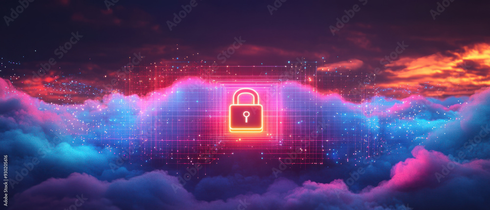 Poster cloud security measure, futuristic hologram of a lockpad icon displayed over a wispy cloud expanse, 