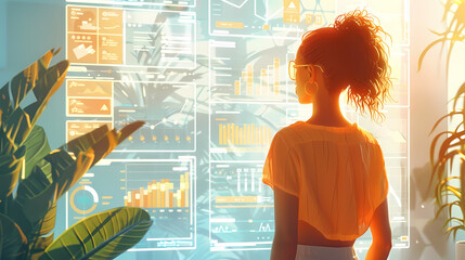 Business plan illustration. Woman with data board and infographics