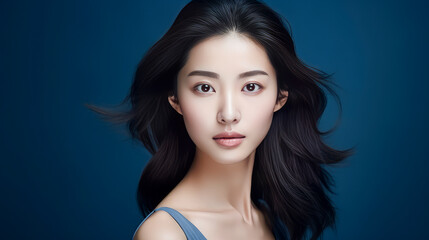 Fototapeta premium Portrait of a beautiful, sexy, smiling Asian woman with perfect skin, dark blue background, banner.