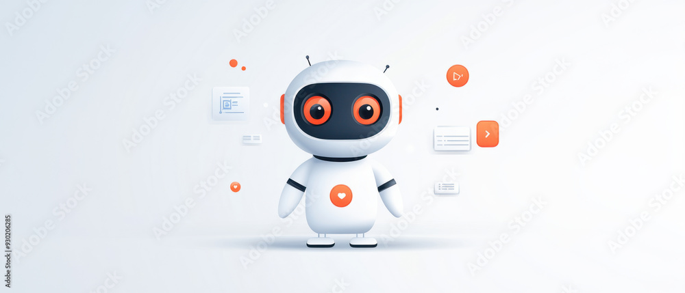 Poster chat bot icon, an engaging 2d depiction of an ai chatbot character with large expressive eyes, situa