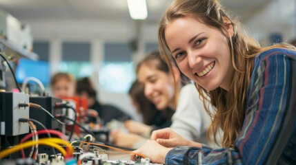 A cheerful female teacher assists students in an engaging electronics workshop, fostering a collaborative learning environment