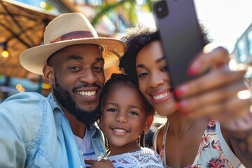 A joyful family enjoying a sunny day at a vibrant outdoor cafe while sharing laughter and capturing memories together
