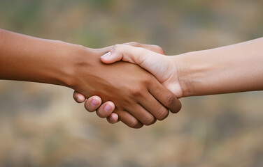Close-up of a handshake between two people with different skin tones