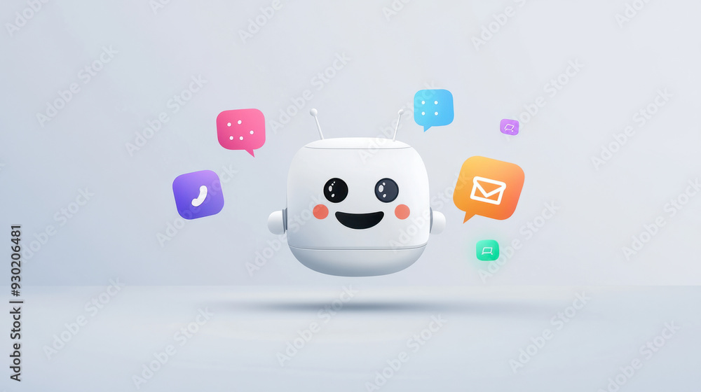 Poster chat bot icon, a 2d illustration of a friendly ai chatbot with a smiling face, floating in a minimal