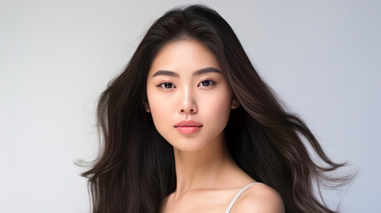 Fototapeta premium Portrait of a beautiful, sexy, smiling Asian woman with perfect skin, white background, banner.