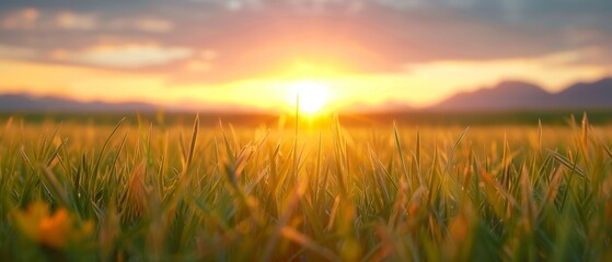 Fototapeta premium A field of tall grass with the sun setting in the distance; mountains loom in the background
