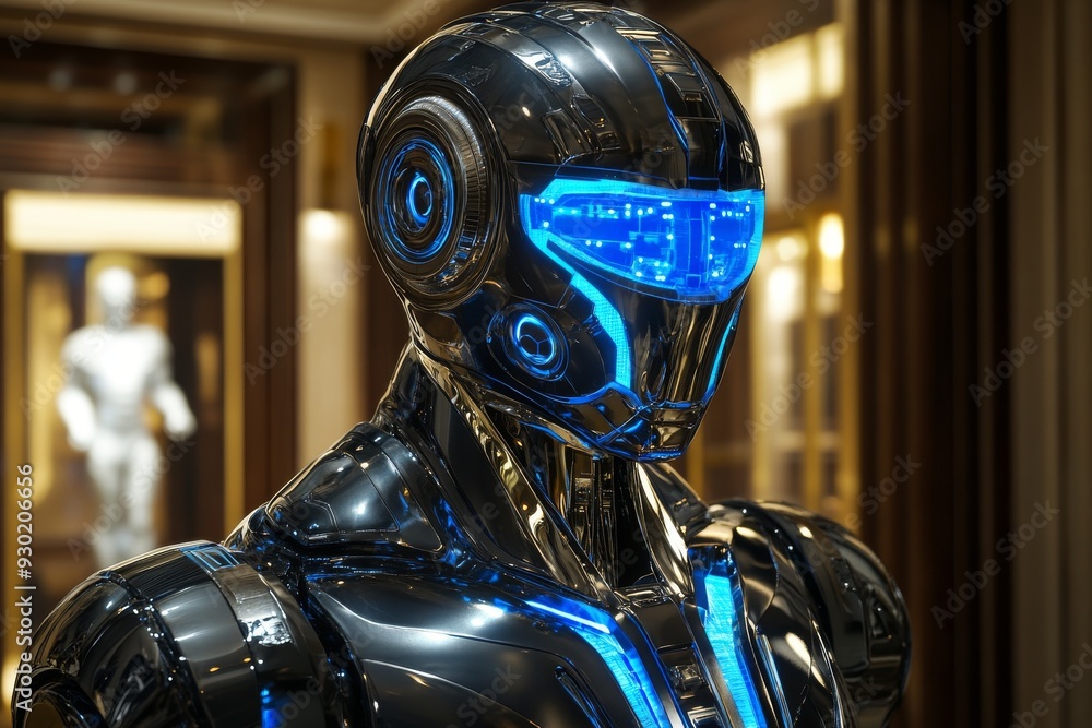 Poster sophisticated humanoid robot with glowing blue elements representing the seamless integration of ai 