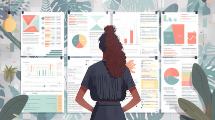 Business plan illustration. Woman with data board and infographics
