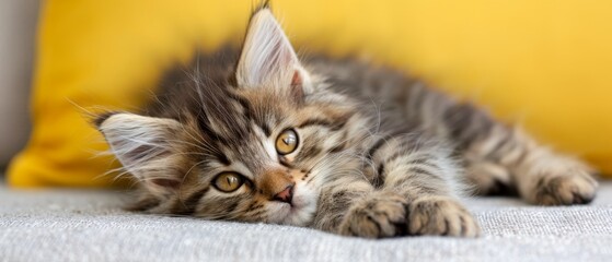  A small kitten atop a bed, next to a yellow pillow on a white sheet