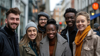 Obraz premium a group of smiling friends of different nationalities on a city street, teenagers, people, cheerful company, guys, girls, African Americans, Europeans, exchange students, men, women, portrait, emotion
