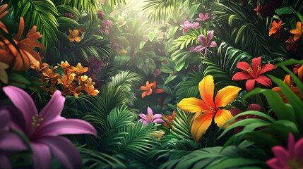 Fototapeta premium A vibrant tropical scene filled with colorful flowers and lush greenery.