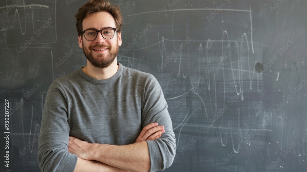 Poster a confident educator smiles broadly with arms crossed, standing beside a chalkboard filled with note