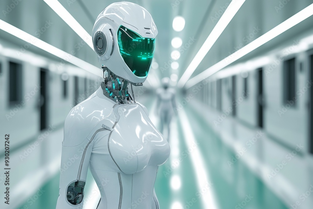 Poster sleek humanoid robot in a futuristic hallway symbolizing the advanced integration of ai and robotics