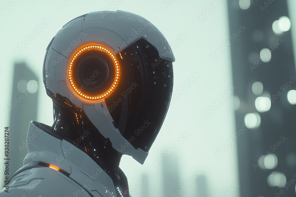 Poster futuristic humanoid robot with glowing orange optics representing the advanced visual systems in ai 