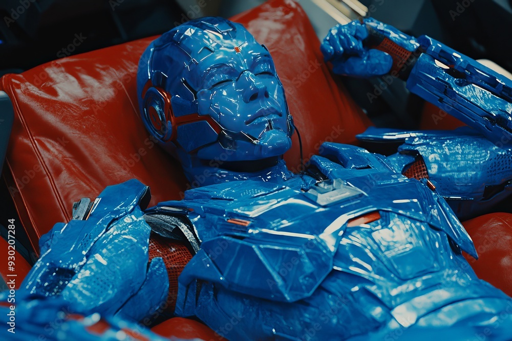 Poster Humanoid robot in a blue exosuit resting on a chair showcasing the convergence of AI technology and human like robotics in modern design
