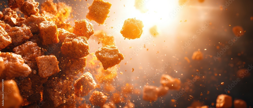 Poster a captivating burst of crispy snacks illuminated by warm light, showcasing movement and texture in a