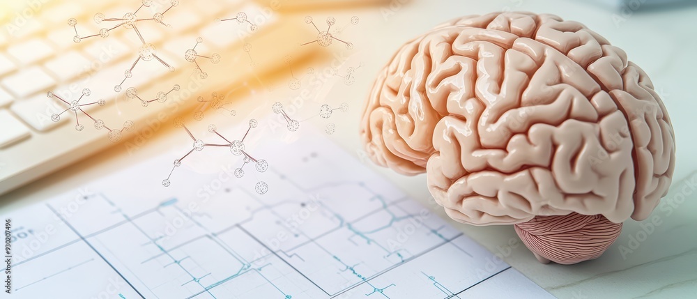 Poster A close-up of a human brain model on a scientific paper, symbolizing neuroscience and cognitive studies with a keyboard in the background.