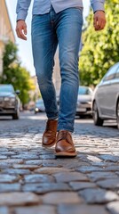 An adult man walks down a cobblestone path, wearing blue jeans and brown leather boots, surrounded by parked cars and autumn foliage
