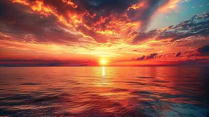 Beautiful sunset over the ocean, sky ablaze with orange and red hues, reflecting on the calm water