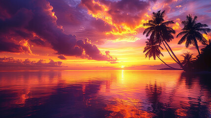 Golden hues paint the horizon as the sun dips below the ocean, casting long shadows across the sandy beach