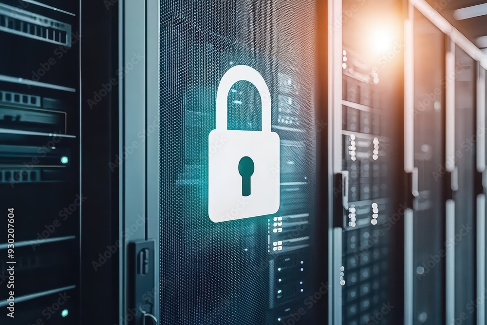 Poster a close-up view of a secure server room featuring a padlock symbol, illustrating data protection and