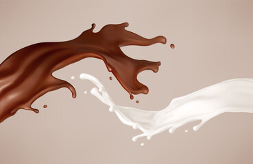 Milk and chocolate splash. Melted brown choco and milky waves with drops. Realistic vector illustration