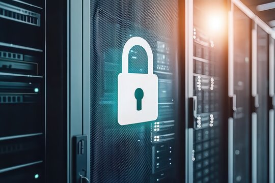 A close-up view of a secure server room featuring a padlock symbol, illustrating data protection and cybersecurity concepts.