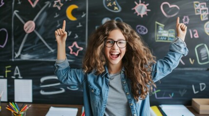 A cheerful teacher engages with students, celebrating their hard work amidst colorful classroom decorations and chalkboard drawings