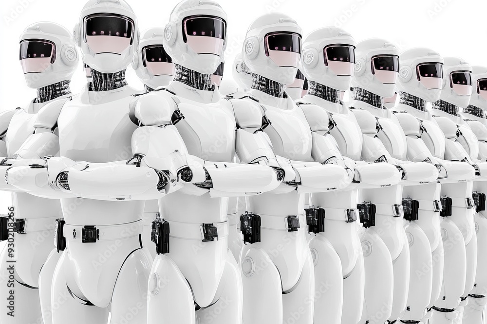 Poster group of identical humanoid robots in white suits illustrating the precision and uniformity of ai dr