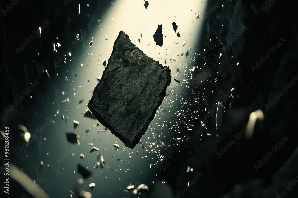 Poster a dramatic scene capturing a stone fragment suspended in light, illustrating themes of motion and su