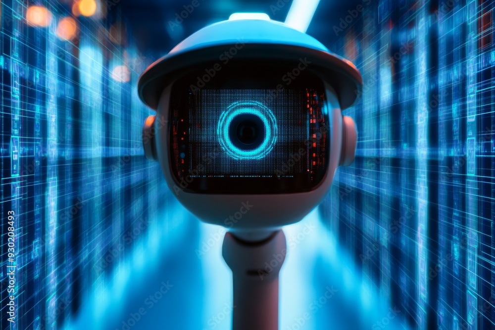 Poster high tech surveillance robot with a glowing red lens symbolizing the role of ai in modern security a