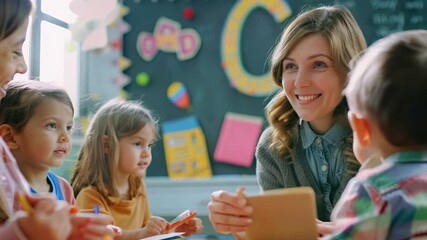 Smiling teacher holding a tablet surrounded by young children in a colorful classroom. Concepts of education, technology integration, and interactive learning.