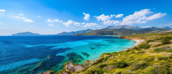 Fototapeta premium A tranquil expanse of water adjacent to a verdant hillside, framed by a blue sky adorned with puffy white clouds